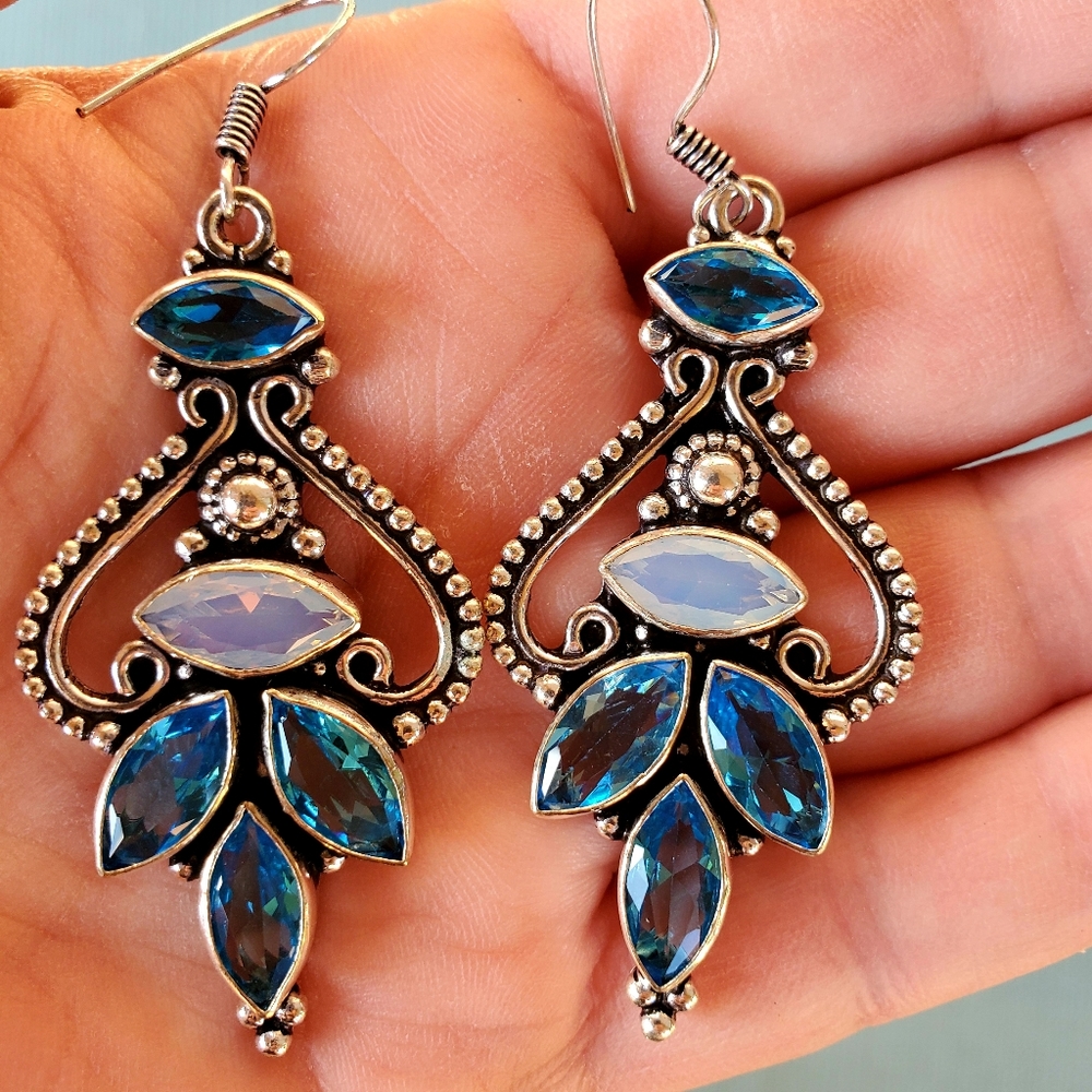 New Stunning Blue Topaz & Milky Opal Silver Statement Earrings.